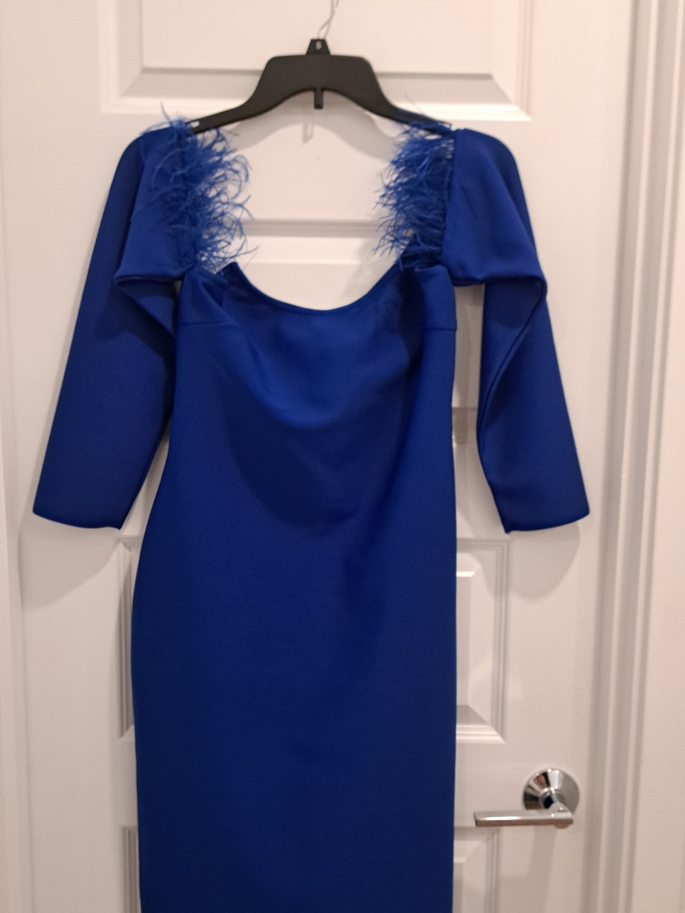 Elegant Royal Blue Feather-Trim Midi Dress